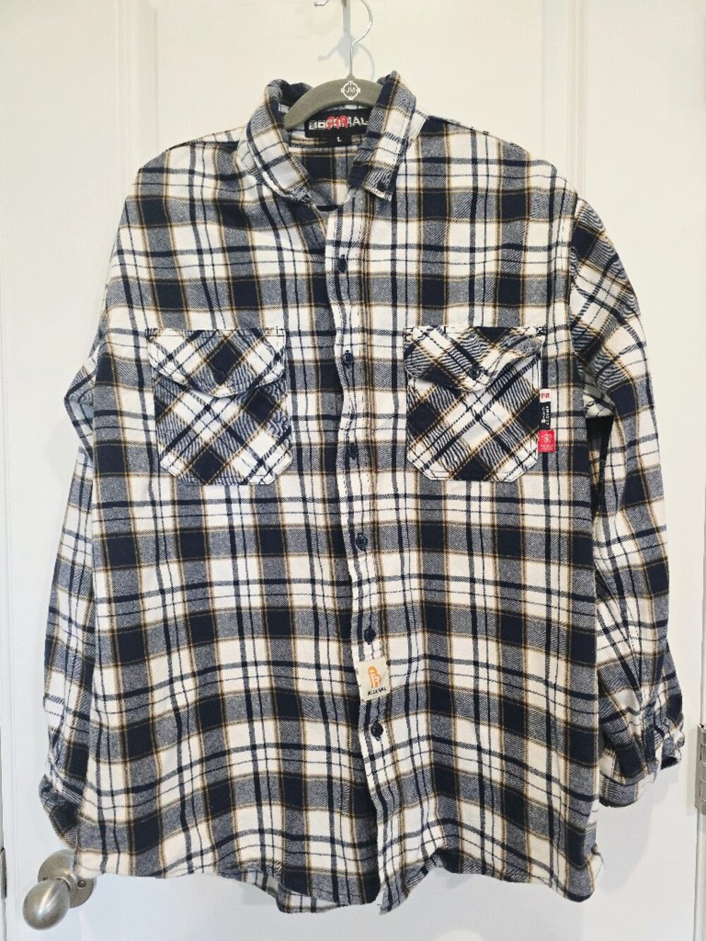 Bocomal men's Flame Resistant (FR) Plaid Flannel Work Shirt in a navy size L